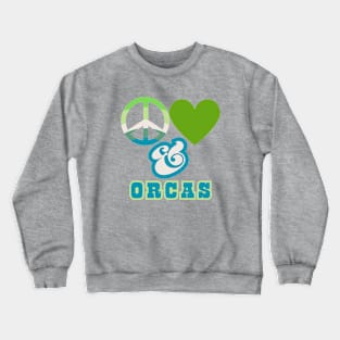 Peace, Love & Orcas - Groovy Retro Mossy Colorway Pacific Northwest Style Crewneck Sweatshirt